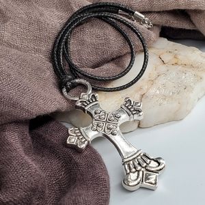 Celtic Cross Silver Pendant Black Standard Cord Rustic Bohemian Necklace